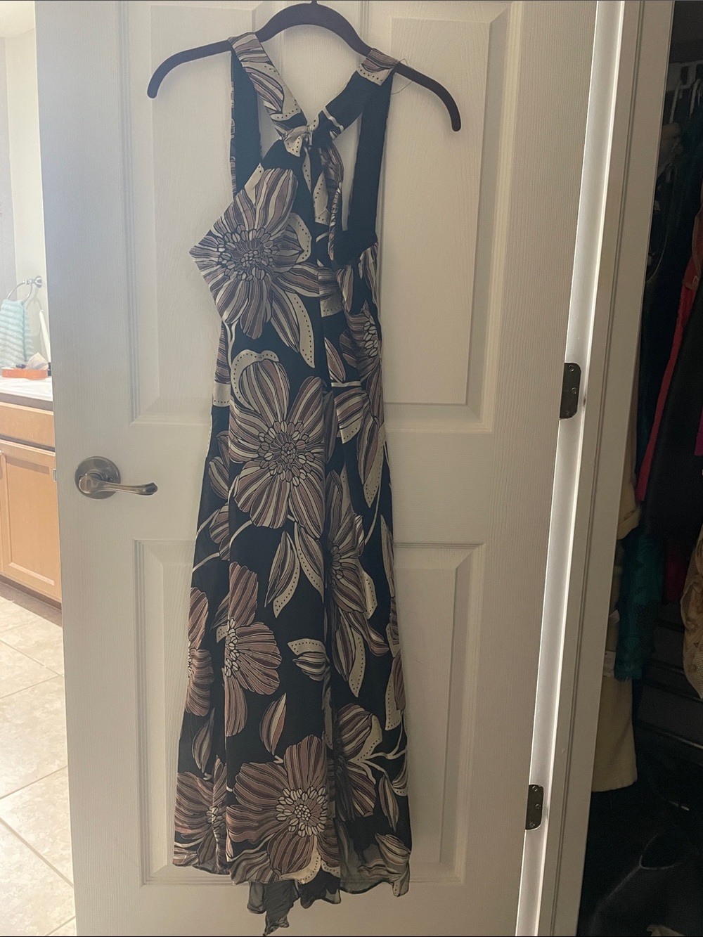 SL Fashions Black Maxi Dress with Cream and Tan Floral Print